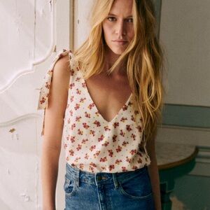 Sézane Lara Floral Tie Bow Straps Sleeveless Blouse | Sz 40 (US 8) | Mindy Print